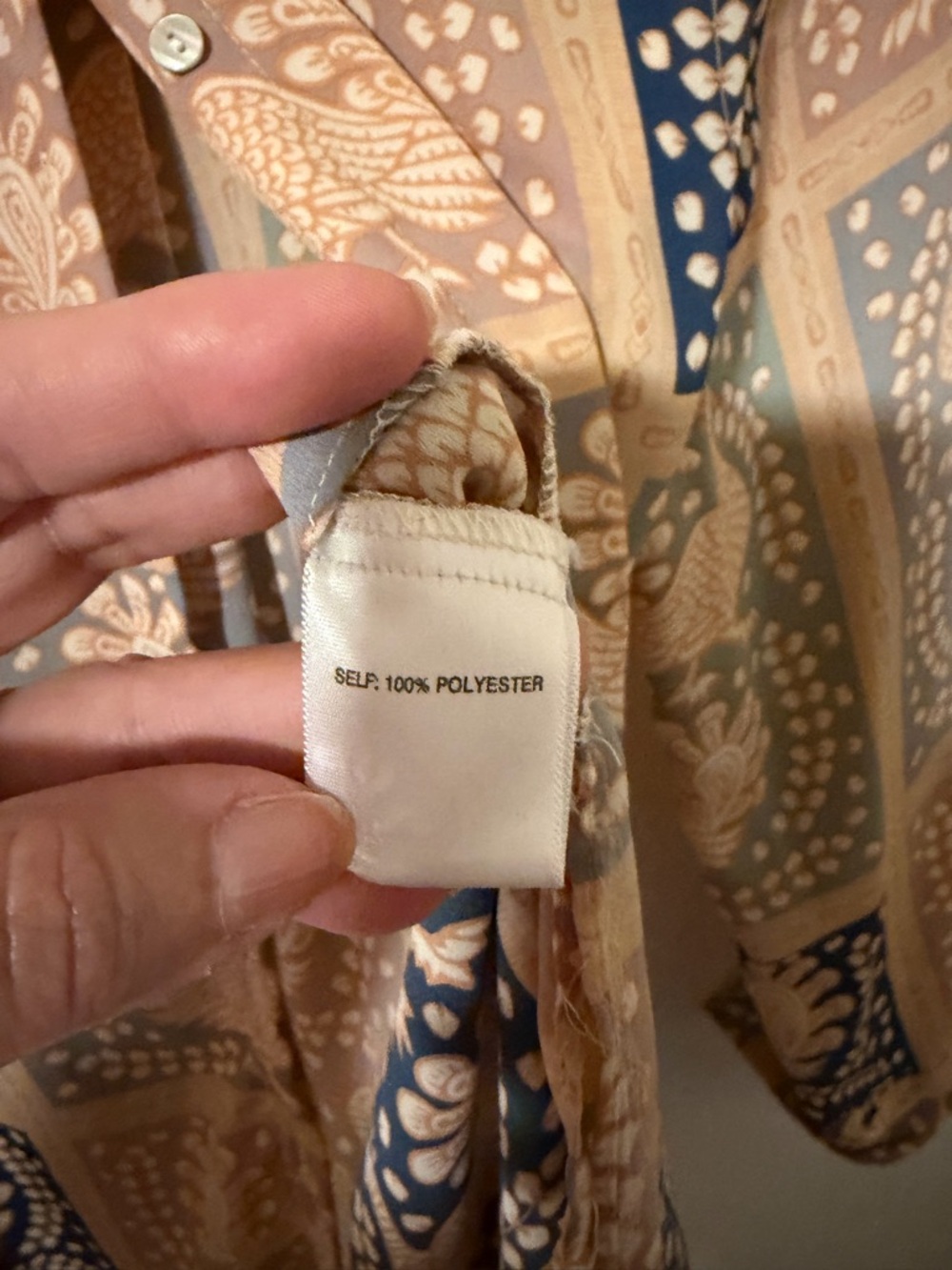 Rose & Olive Paisley Patchwork Button-Down in Tan, Navy, and Sage - Picture 5 of 6